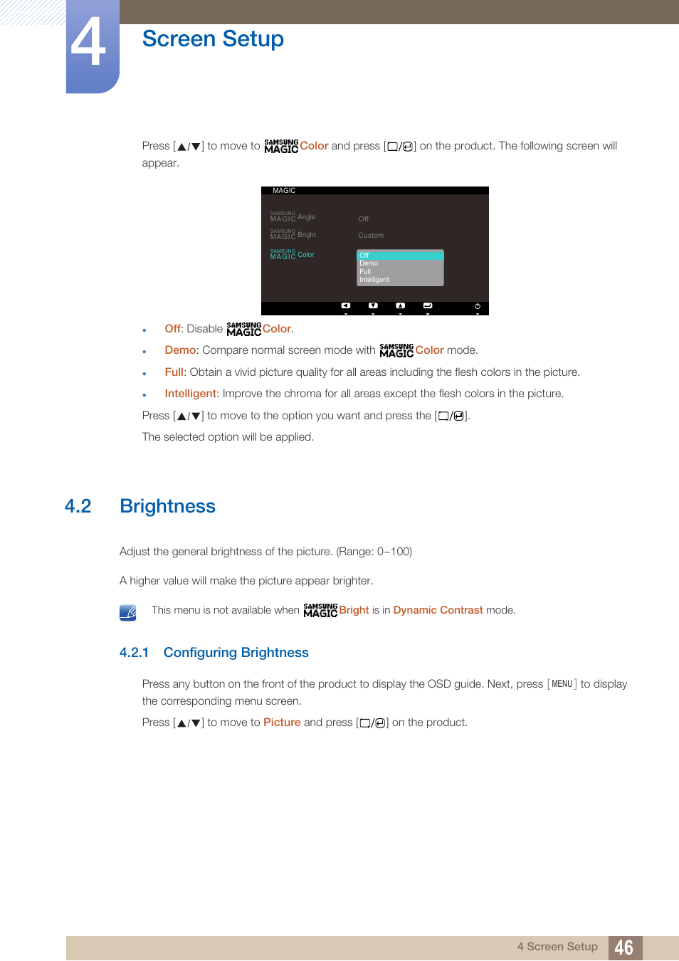 2 brightness, 1 configuring brightness, Brightness | Configuring brightness, Screen setup | Samsung LS23A700DS-ZA User Manual | Page 46 / 88