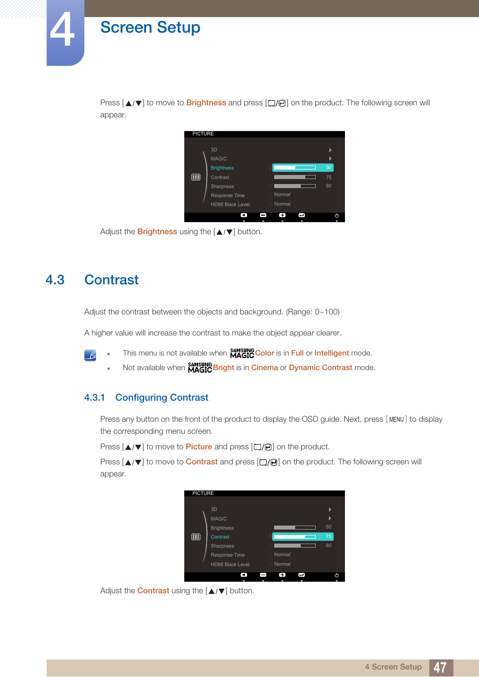 3 contrast, 1 configuring contrast, Contrast | Configuring contrast, Screen setup | Samsung LS23A700DS-ZA User Manual | Page 47 / 88