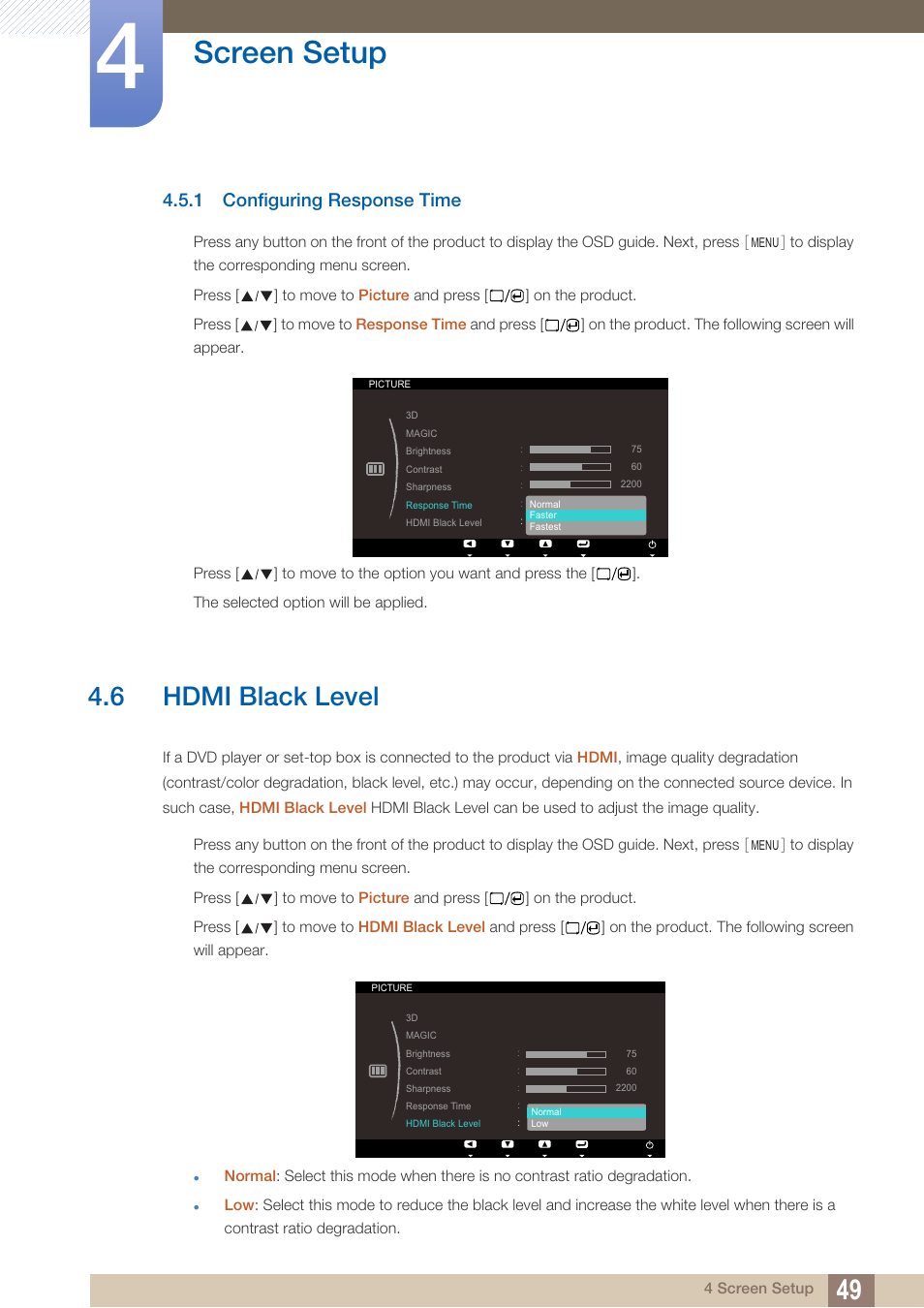 1 configuring response time, 6 hdmi black level, Configuring response time | Hdmi black level, Screen setup | Samsung LS23A700DS-ZA User Manual | Page 49 / 88