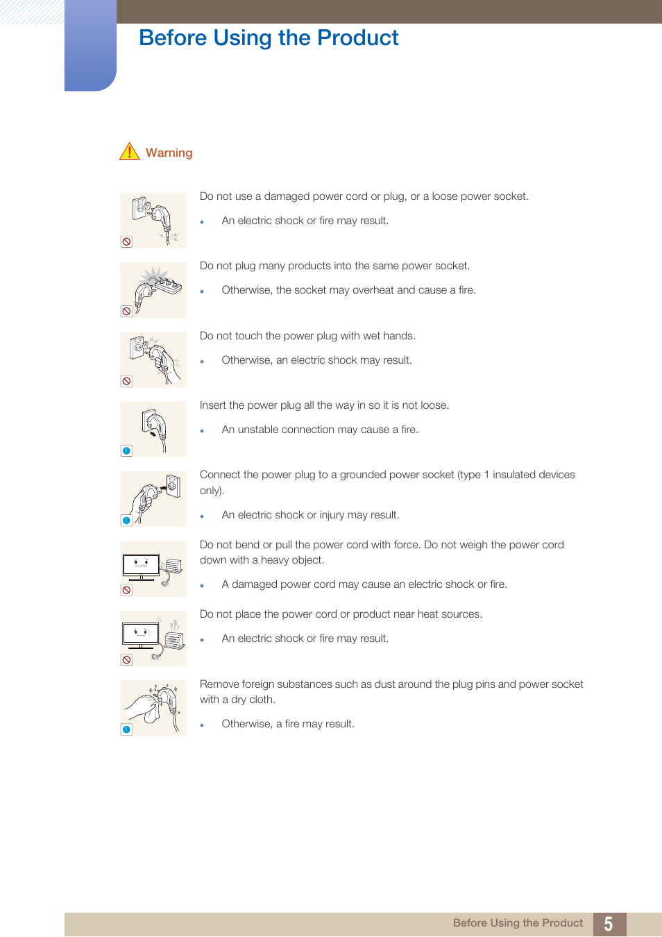 Before using the product, Warning | Samsung LS23A700DS-ZA User Manual | Page 5 / 88