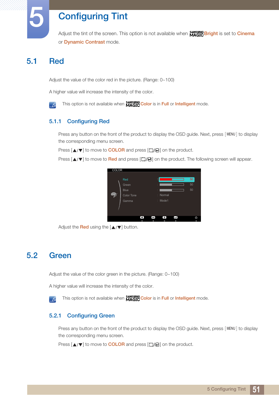 Configuring tint, 1 red, 1 configuring red | 2 green, 1 configuring green, Configuring red, Green, Configuring green | Samsung LS23A700DS-ZA User Manual | Page 51 / 88