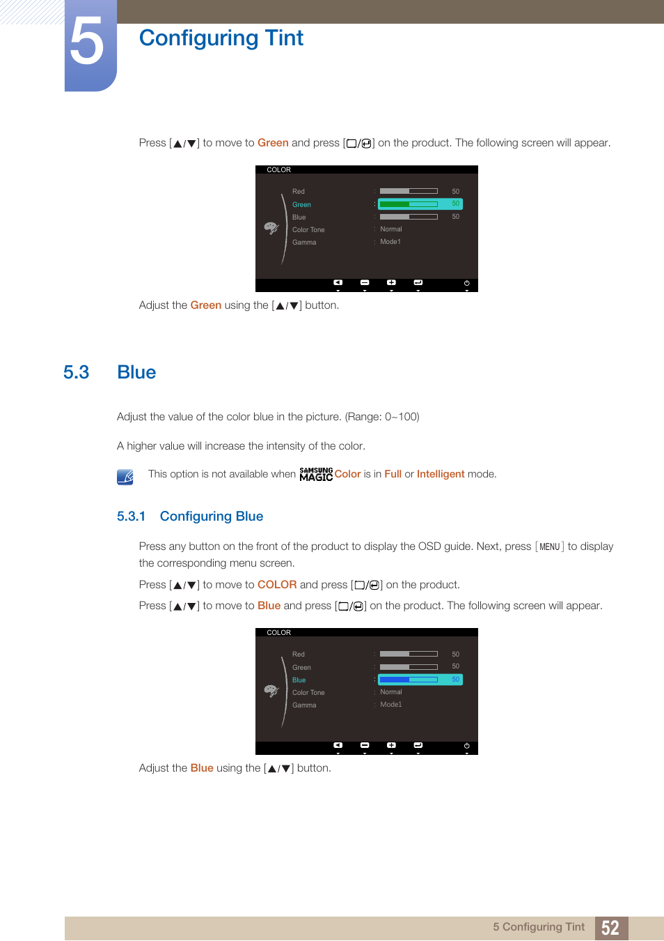 3 blue, 1 configuring blue, Blue | Configuring blue, Configuring tint | Samsung LS23A700DS-ZA User Manual | Page 52 / 88