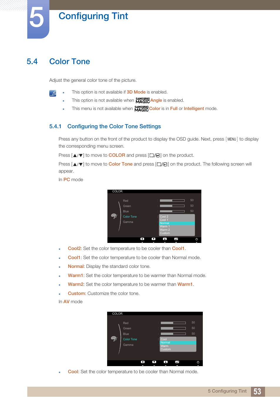4 color tone, 1 configuring the color tone settings, Color tone | Configuring the color tone settings, Configuring tint | Samsung LS23A700DS-ZA User Manual | Page 53 / 88
