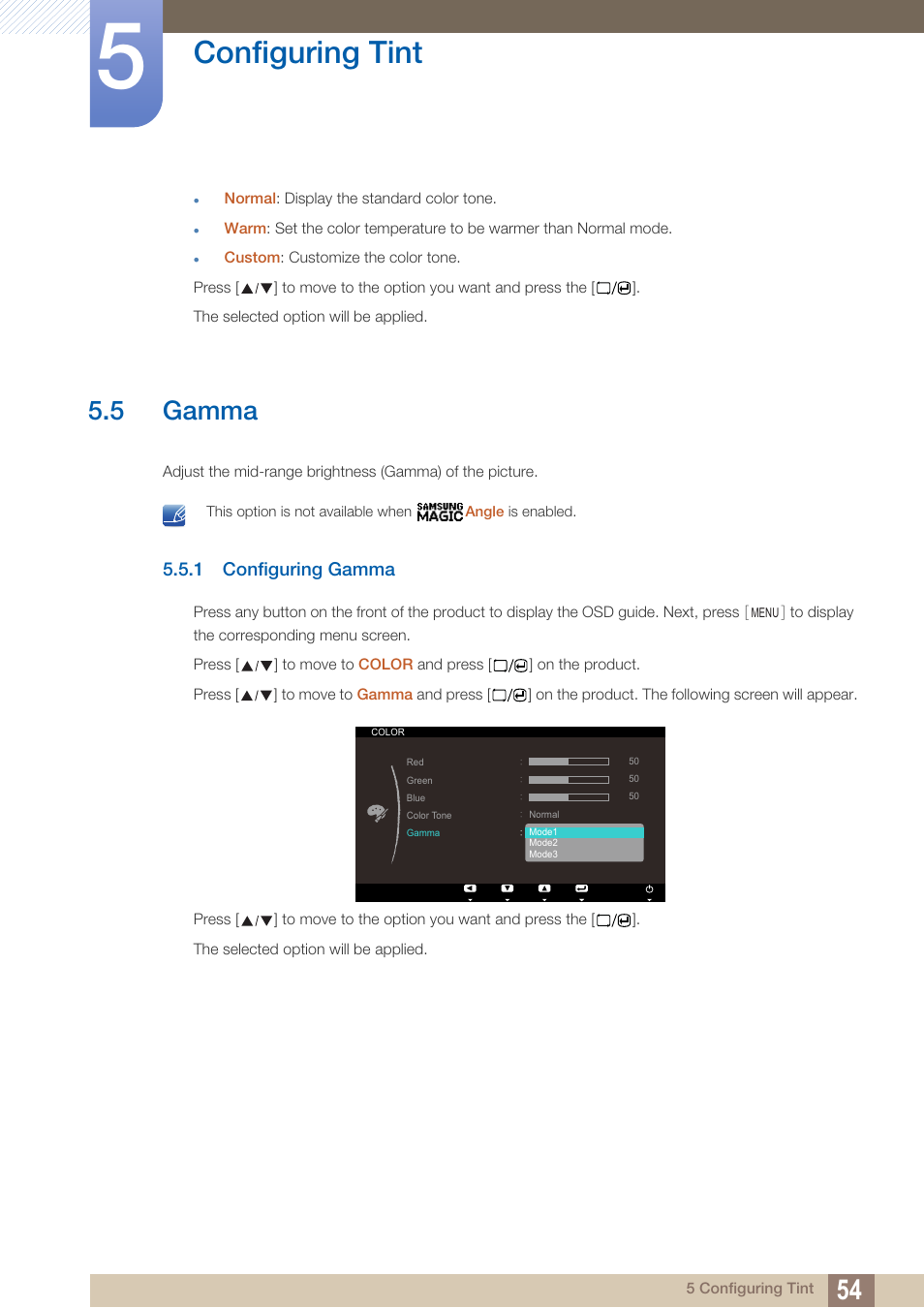 5 gamma, 1 configuring gamma, Gamma | Configuring gamma, Configuring tint | Samsung LS23A700DS-ZA User Manual | Page 54 / 88
