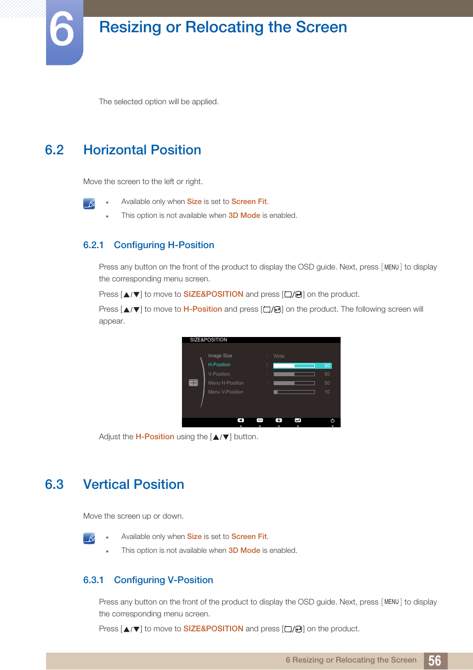 2 horizontal position, 1 configuring h-position, 3 vertical position | 1 configuring v-position, Horizontal position, Configuring h-position, Vertical position, Configuring v-position, Resizing or relocating the screen | Samsung LS23A700DS-ZA User Manual | Page 56 / 88