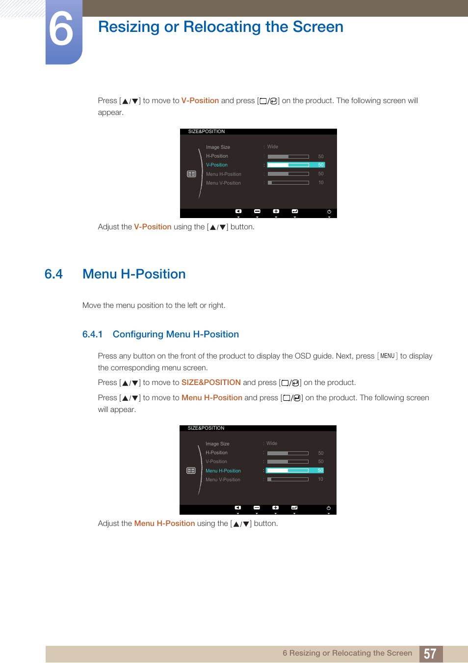 4 menu h-position, 1 configuring menu h-position, Menu h-position | Configuring menu h-position, Resizing or relocating the screen | Samsung LS23A700DS-ZA User Manual | Page 57 / 88