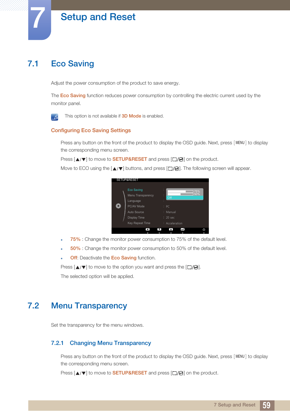 Setup and reset, 1 eco saving, 2 menu transparency | 1 changing menu transparency, Eco saving, Menu transparency, Changing menu transparency | Samsung LS23A700DS-ZA User Manual | Page 59 / 88