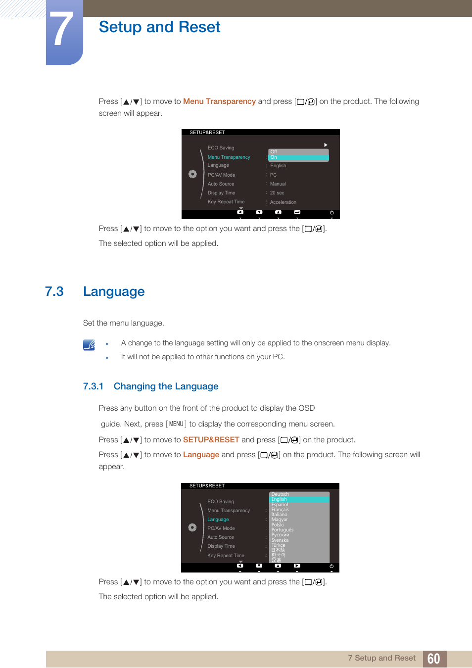 3 language, 1 changing the language, Language | Changing the language, Setup and reset | Samsung LS23A700DS-ZA User Manual | Page 60 / 88