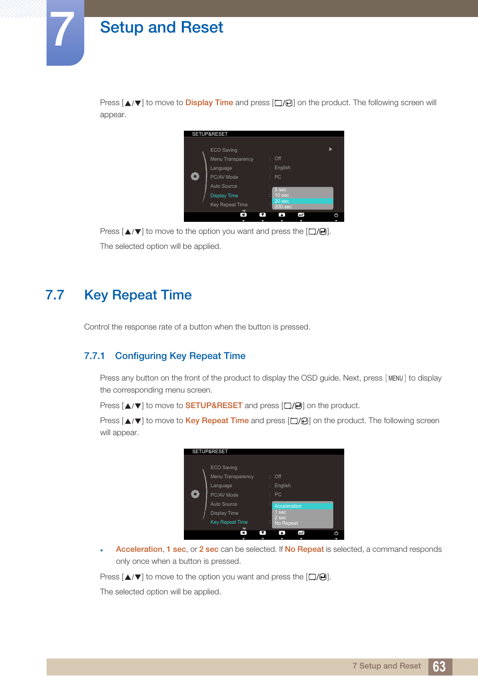 7 key repeat time, 1 configuring key repeat time, Key repeat time | Configuring key repeat time, Setup and reset | Samsung LS23A700DS-ZA User Manual | Page 63 / 88