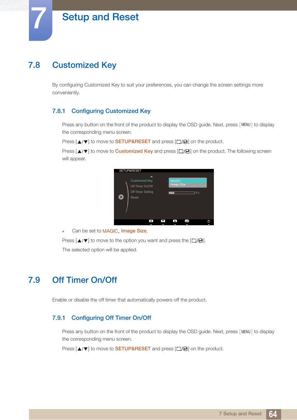 8 customized key, 1 configuring customized key, 9 off timer on/off | 1 configuring off timer on/off, Customized key, Configuring customized key, Off timer on/off, Configuring off timer on/off, Setup and reset | Samsung LS23A700DS-ZA User Manual | Page 64 / 88