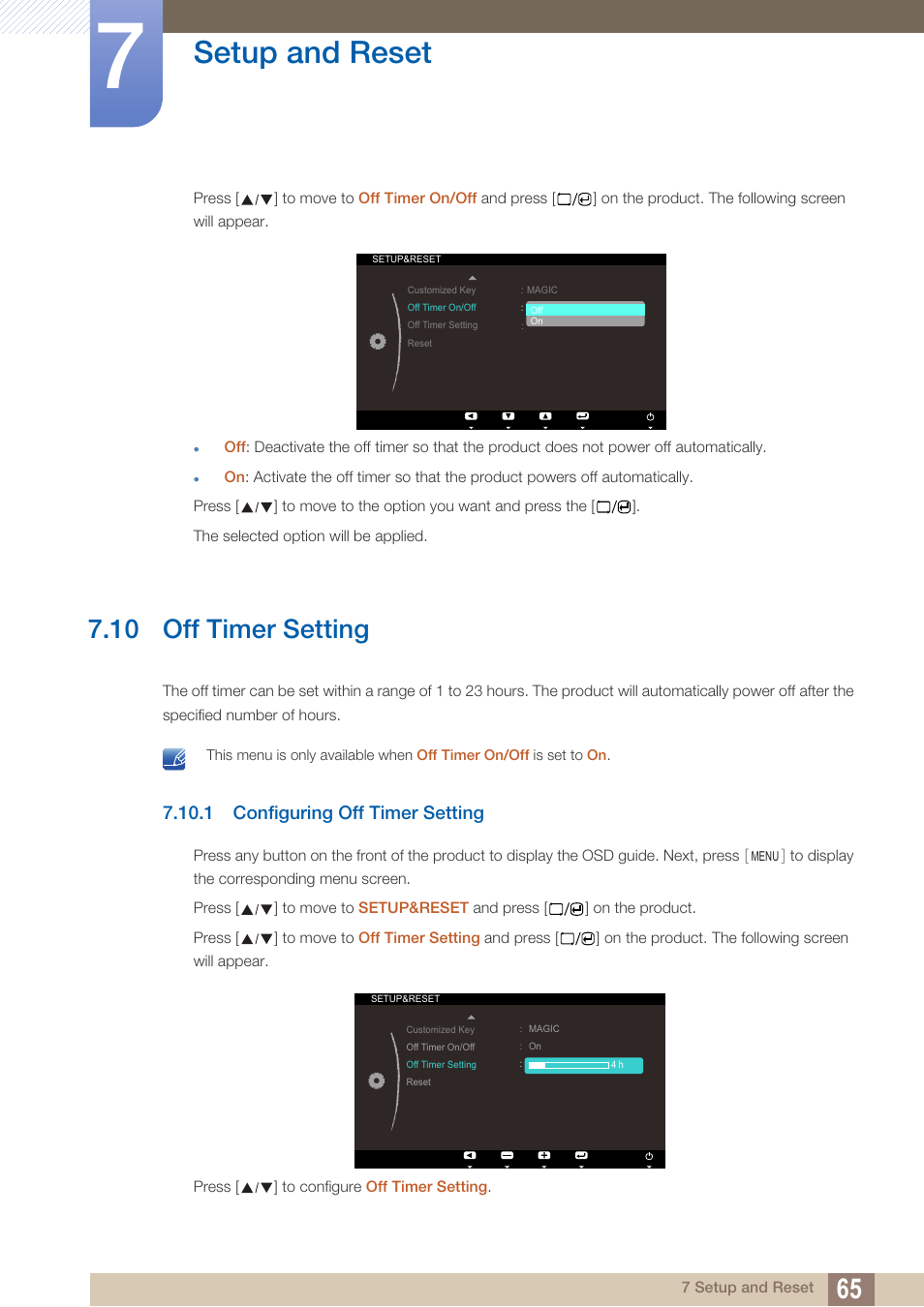 10 off timer setting, 1 configuring off timer setting, Off timer setting | Configuring off timer setting, Setup and reset | Samsung LS23A700DS-ZA User Manual | Page 65 / 88