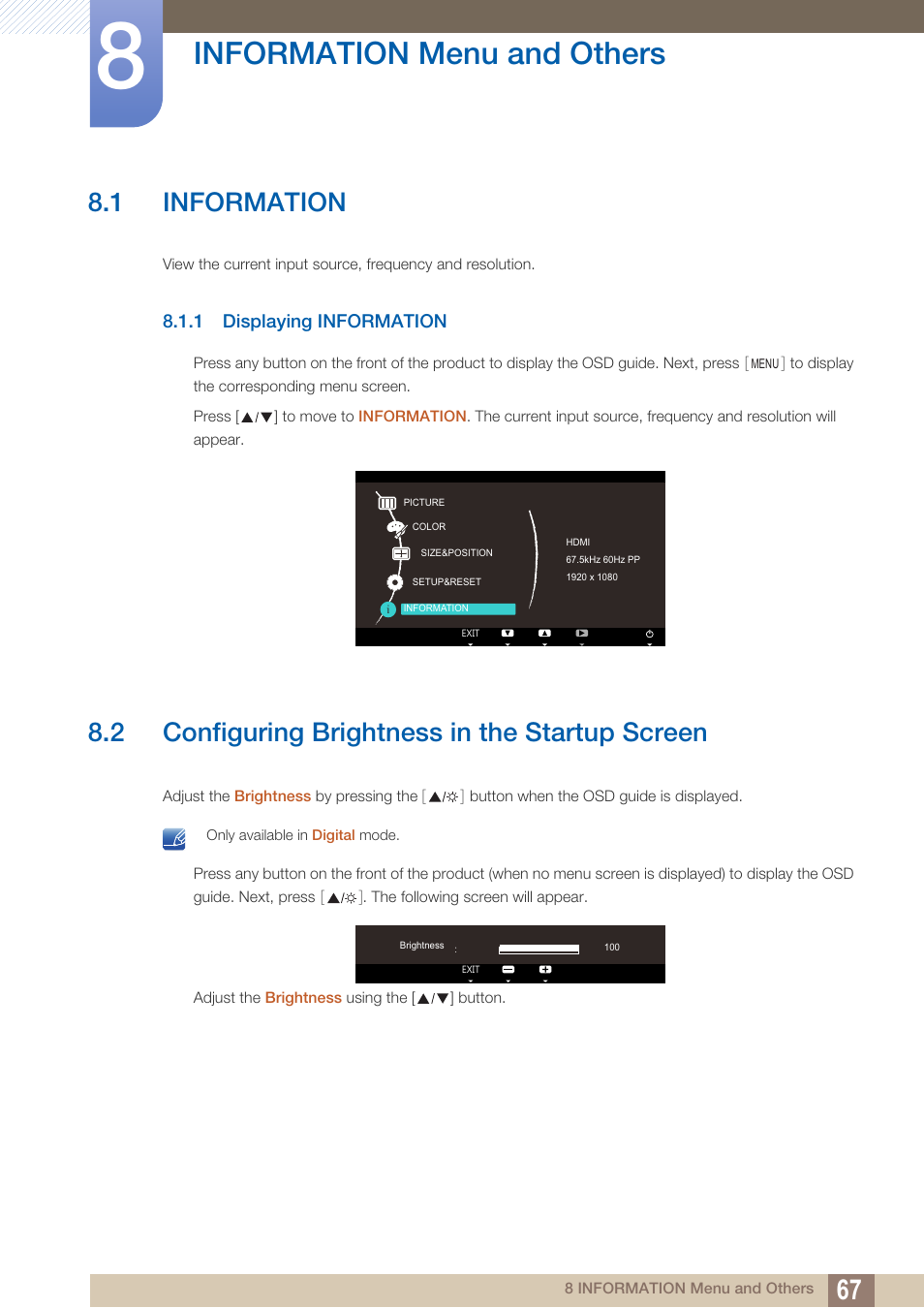 Information menu and others, 1 information, 1 displaying information | 2 configuring brightness in the startup screen, Information menu and, Others, Information, Displaying information, Configuring brightness in the startup screen | Samsung LS23A700DS-ZA User Manual | Page 67 / 88