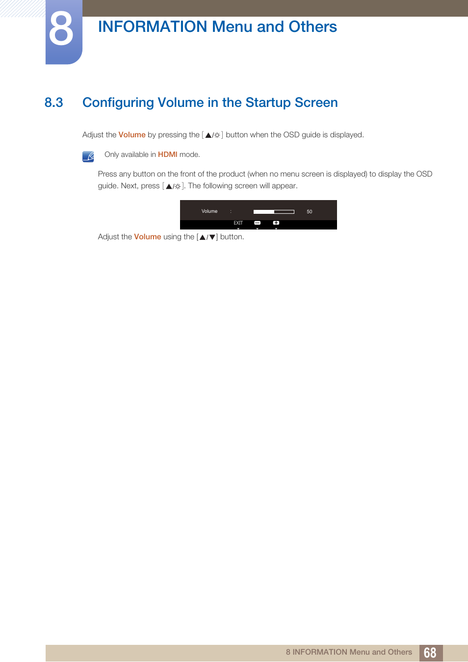 3 configuring volume in the startup screen, Configuring volume in the startup screen, Information menu and others | Samsung LS23A700DS-ZA User Manual | Page 68 / 88