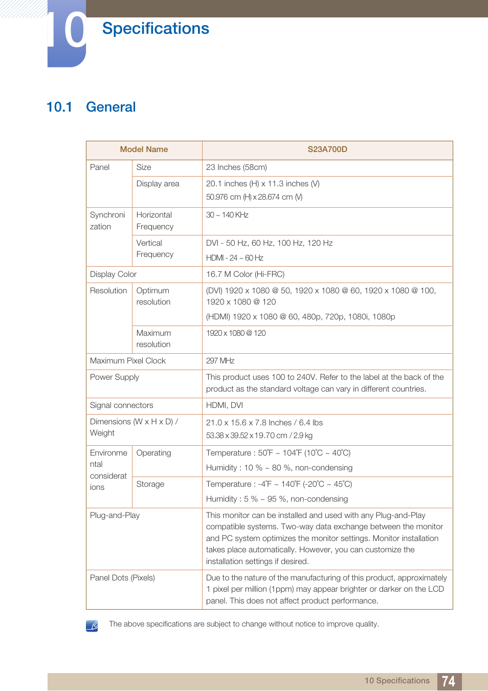 Specifications, 1 general, General | 1 general") | Samsung LS23A700DS-ZA User Manual | Page 74 / 88