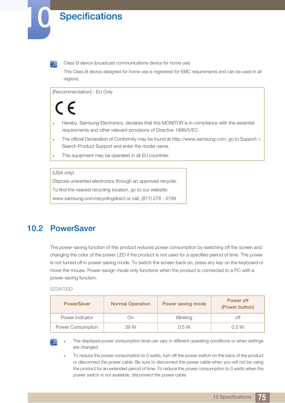 2 powersaver, Powersaver, Specifications | Samsung LS23A700DS-ZA User Manual | Page 75 / 88
