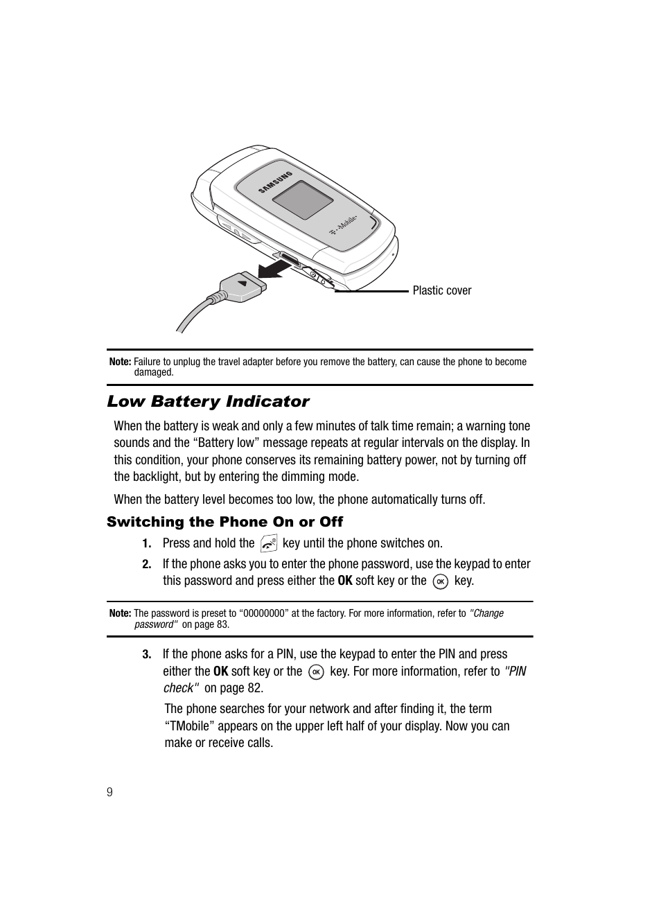 Switching the phone on or off, Low battery indicator | Samsung SGH-T219SRBTMB User Manual | Page 12 / 133