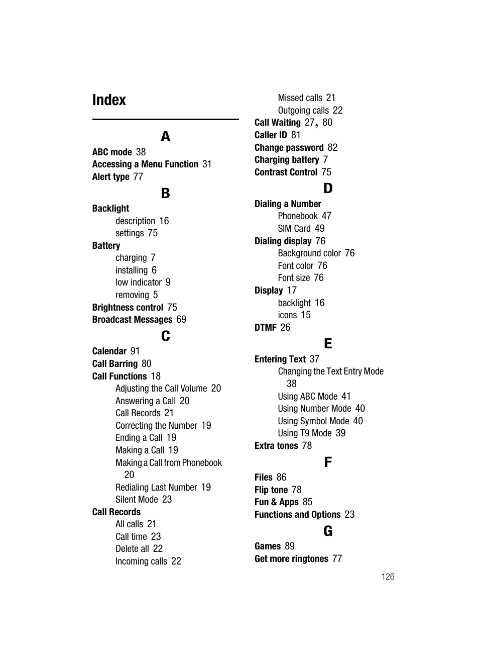 Index | Samsung SGH-T219SRBTMB User Manual | Page 130 / 133