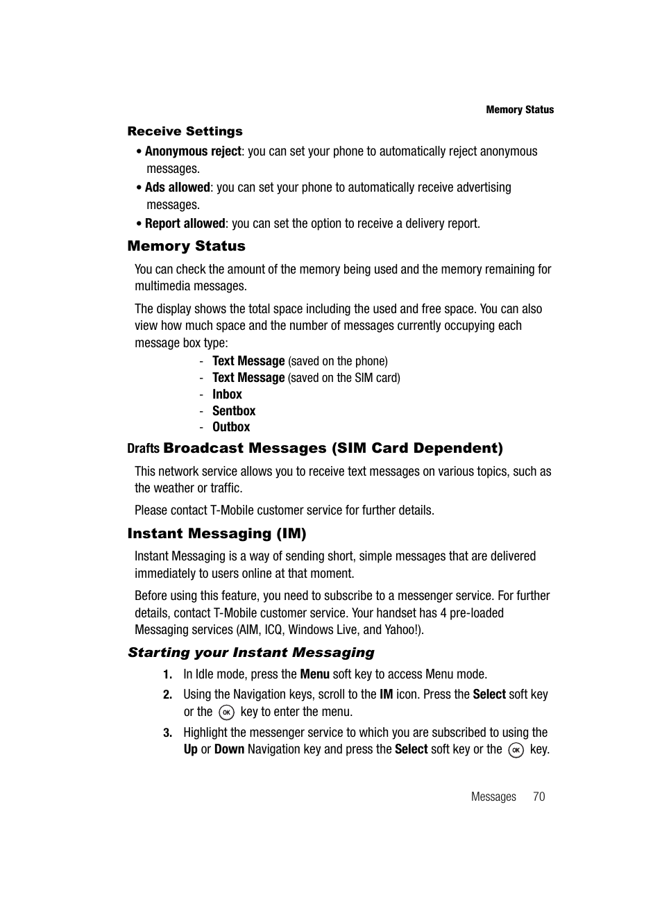 Memory status, Drafts, Instant messaging (im) | Drafts broadcast messages (sim card dependent) | Samsung SGH-T219SRBTMB User Manual | Page 73 / 133