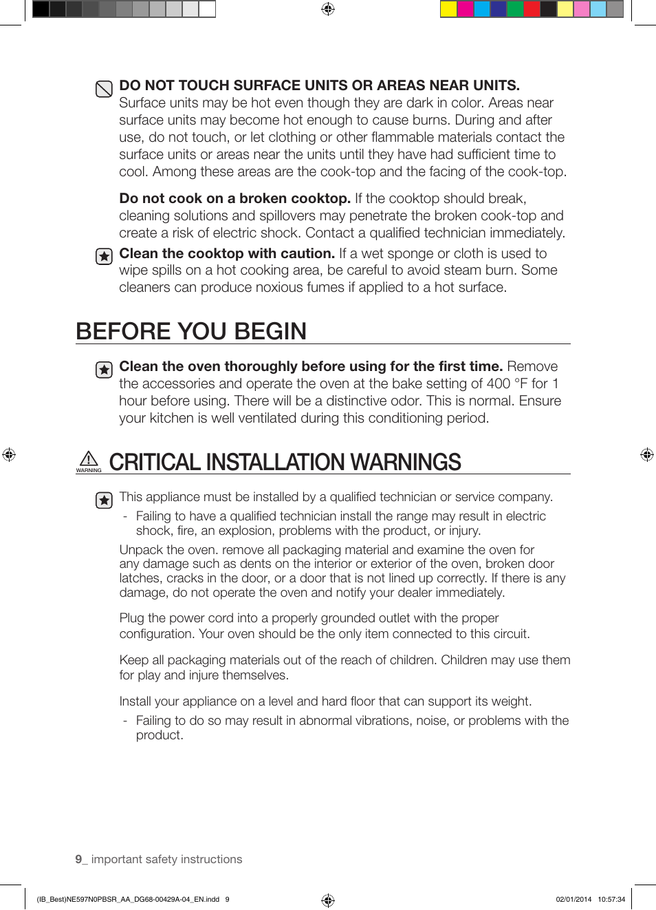 Before you begin, Critical installation warnings | Samsung NE597N0PBSR-AA User Manual | Page 10 / 72