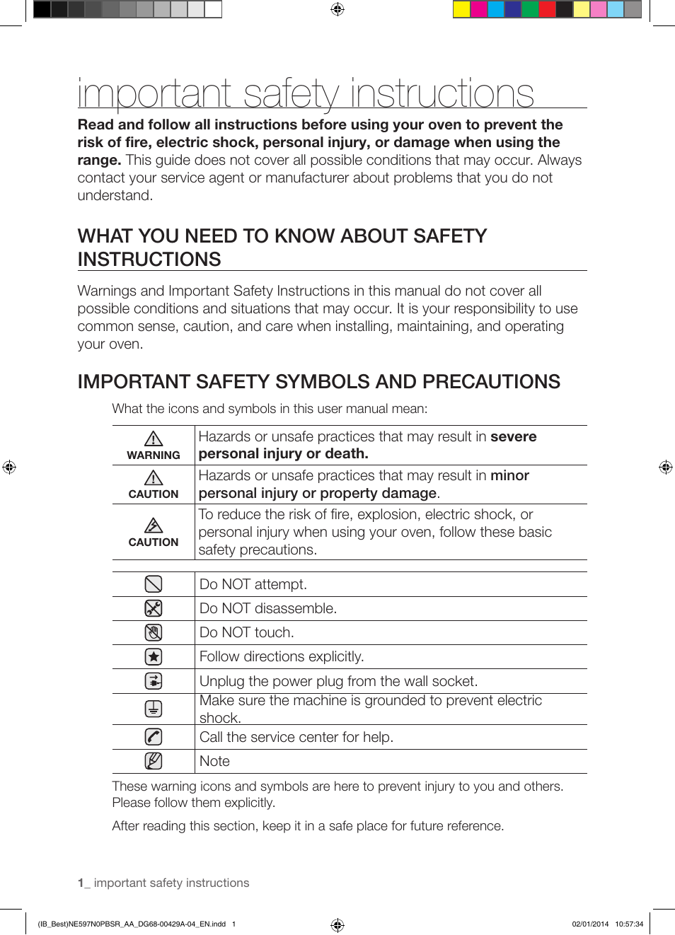 Important safety instructions, What you need to know about safety instructions, Important safety symbols and precautions | Samsung NE597N0PBSR-AA User Manual | Page 2 / 72