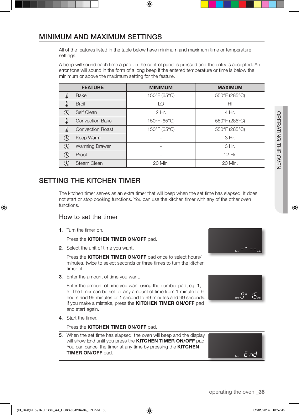 Minimum and maximum settings, Setting the kitchen timer, How to set the timer | Samsung NE597N0PBSR-AA User Manual | Page 37 / 72