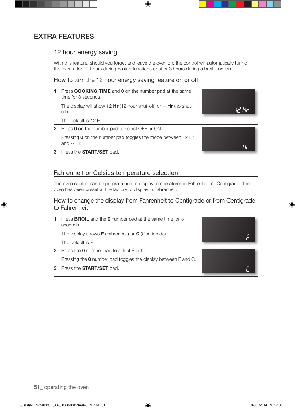 Extra features, 12 hour energy saving, Fahrenheit or celsius temperature selection | Samsung NE597N0PBSR-AA User Manual | Page 52 / 72