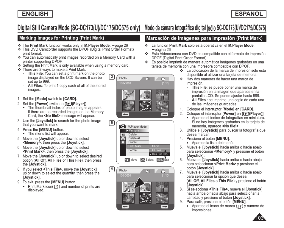 English español, Marcación de imágenes para impresión (print mark) | Samsung SC-DC173U-XAA User Manual | Page 103 / 128