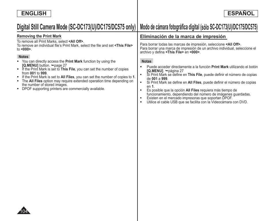 English español | Samsung SC-DC173U-XAA User Manual | Page 104 / 128