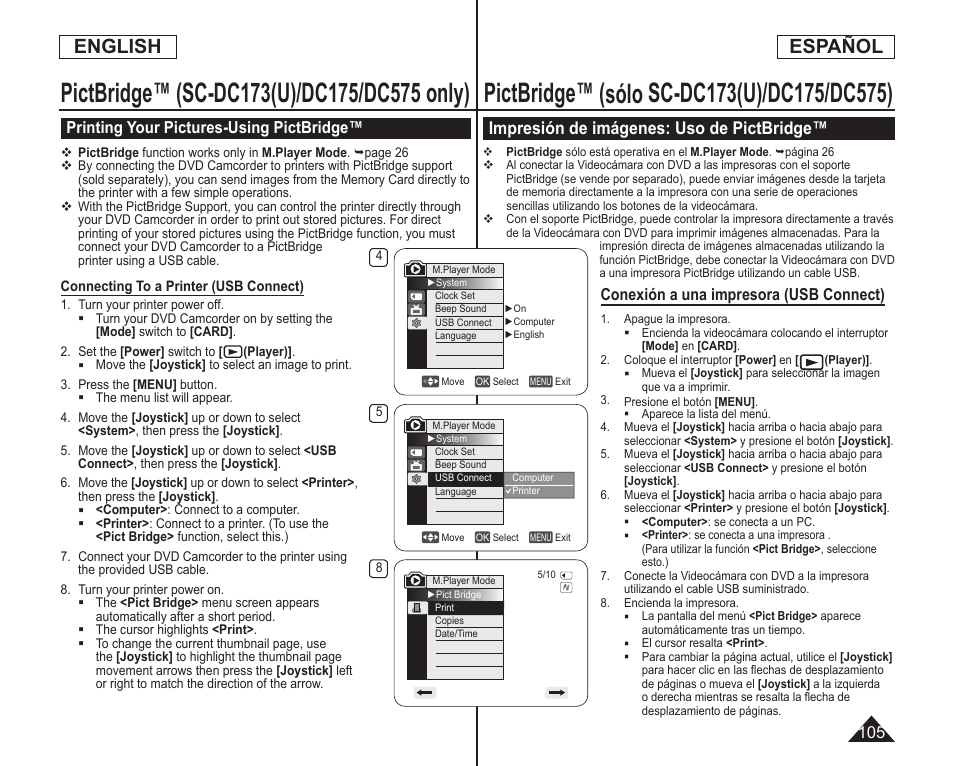 English español, Impresión de imágenes: uso de pictbridge, Conexión a una impresora (usb connect) | Printing your pictures-using pictbridge | Samsung SC-DC173U-XAA User Manual | Page 105 / 128