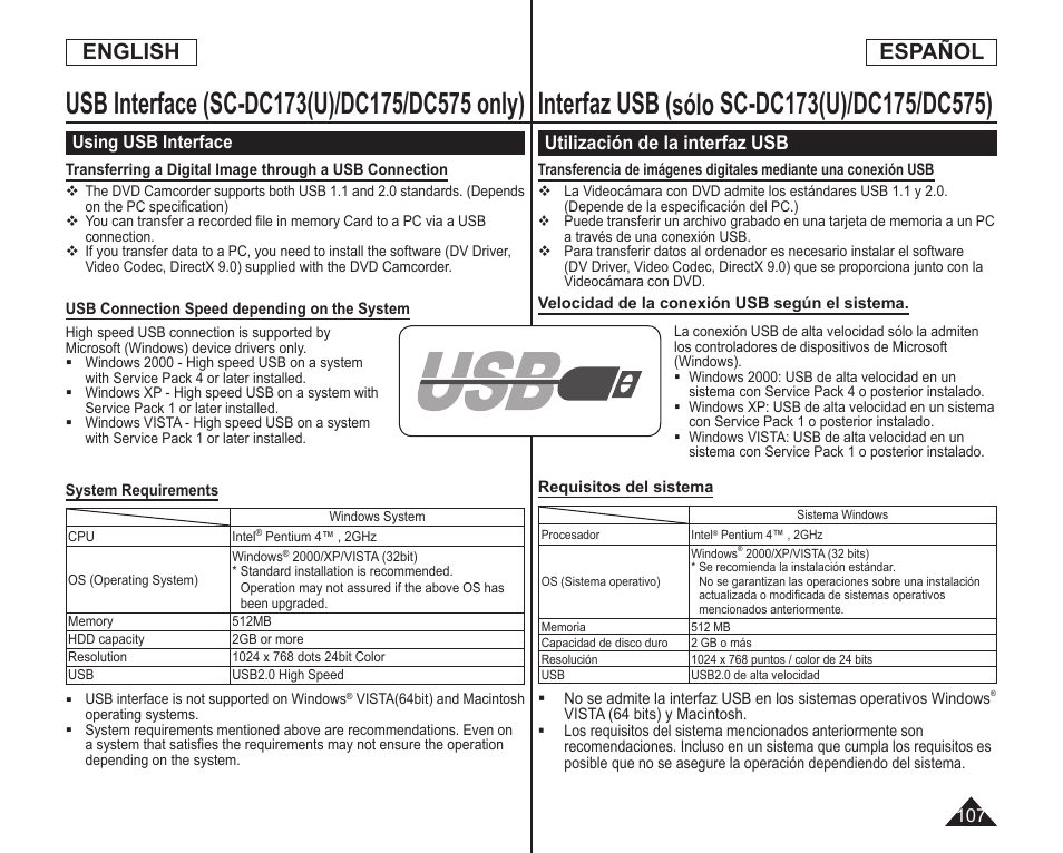 English español, Utilización de la interfaz usb | Samsung SC-DC173U-XAA User Manual | Page 107 / 128