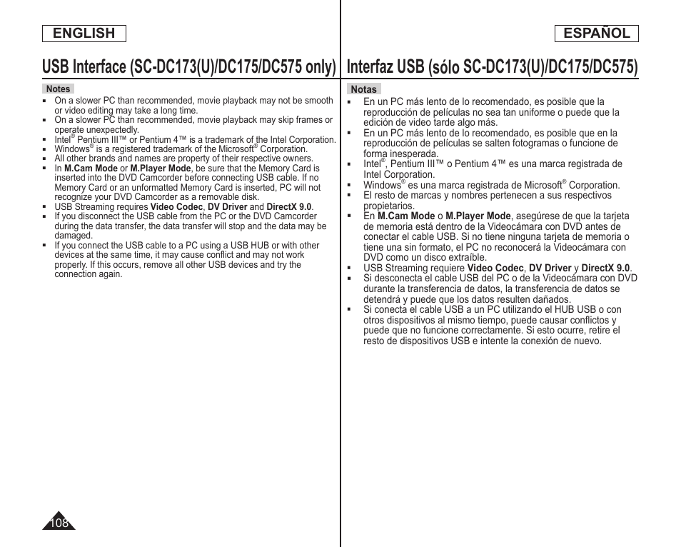 English español | Samsung SC-DC173U-XAA User Manual | Page 108 / 128