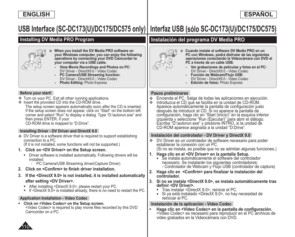 English español | Samsung SC-DC173U-XAA User Manual | Page 110 / 128