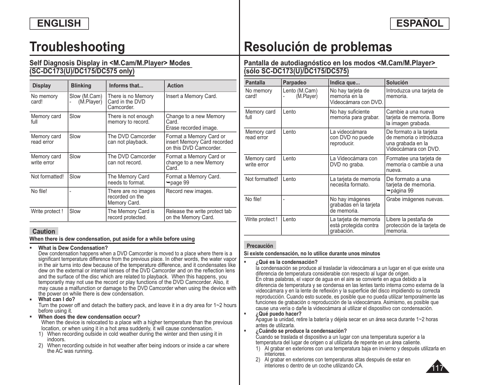 Resolución de problemas, Troubleshooting, English español | Samsung SC-DC173U-XAA User Manual | Page 117 / 128