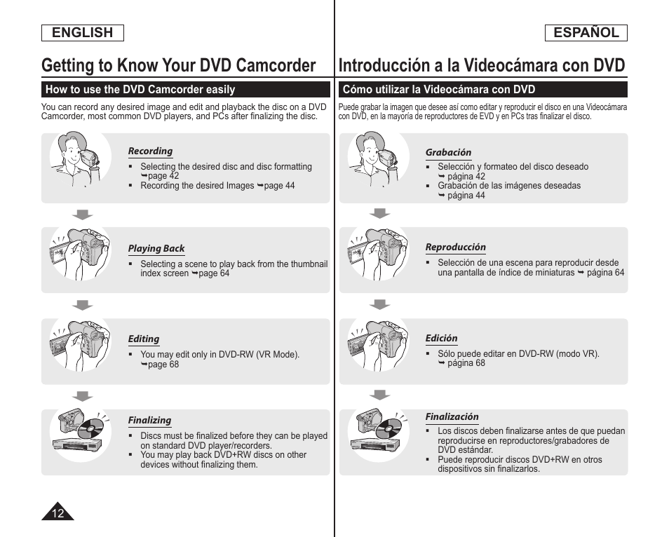 Introducción a la videocámara con dvd, Getting to know your dvd camcorder, English español | Samsung SC-DC173U-XAA User Manual | Page 12 / 128