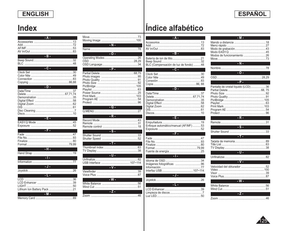 Índice alfabético, Index, English español | Samsung SC-DC173U-XAA User Manual | Page 125 / 128