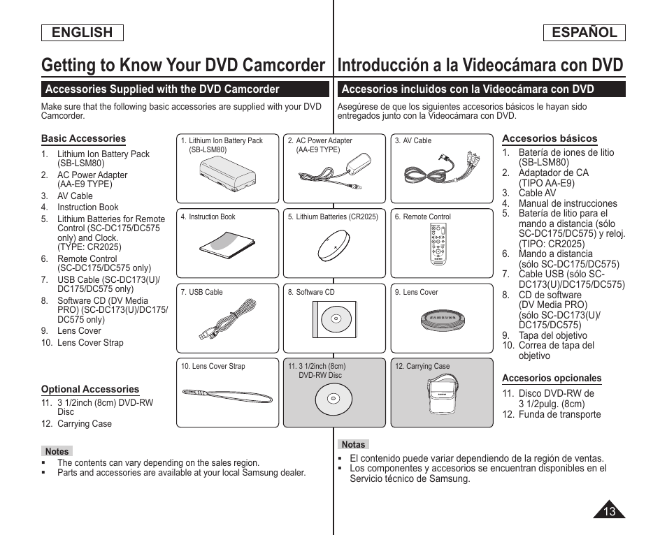 Introducción a la videocámara con dvd, Getting to know your dvd camcorder, English español | Samsung SC-DC173U-XAA User Manual | Page 13 / 128