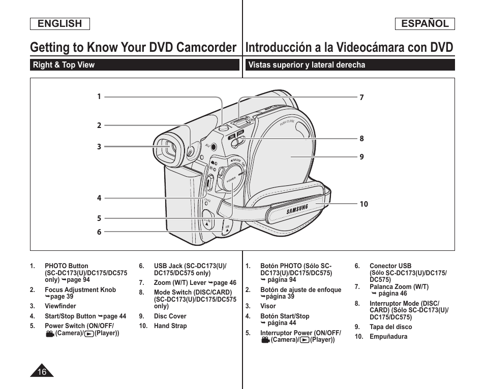 Introducción a la videocámara con dvd, Getting to know your dvd camcorder, English español | Samsung SC-DC173U-XAA User Manual | Page 16 / 128