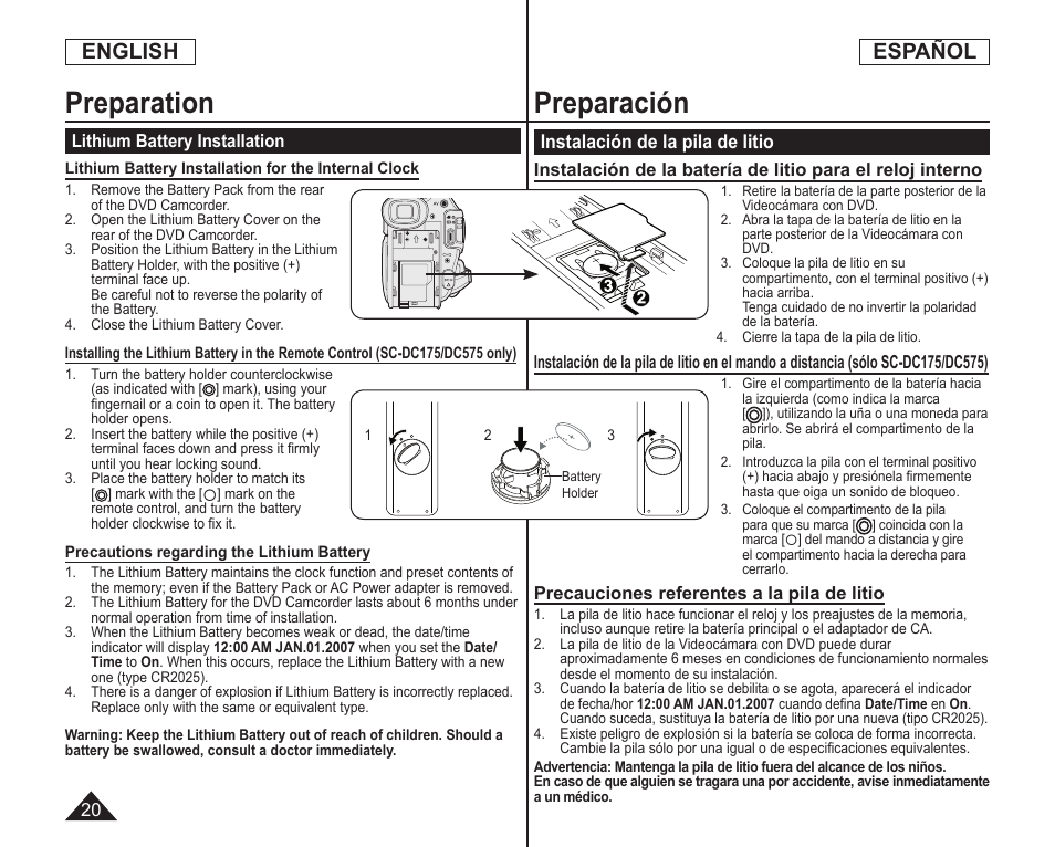 Preparación, Preparation, English español | Samsung SC-DC173U-XAA User Manual | Page 20 / 128