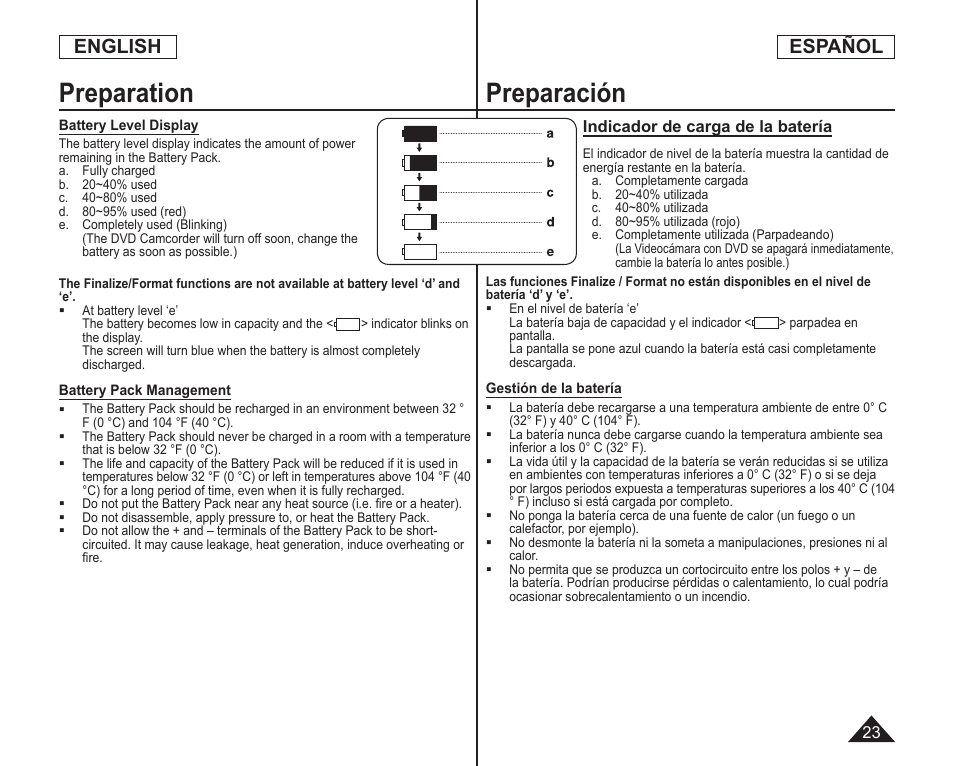 Preparación, Preparation, English español | Samsung SC-DC173U-XAA User Manual | Page 23 / 128