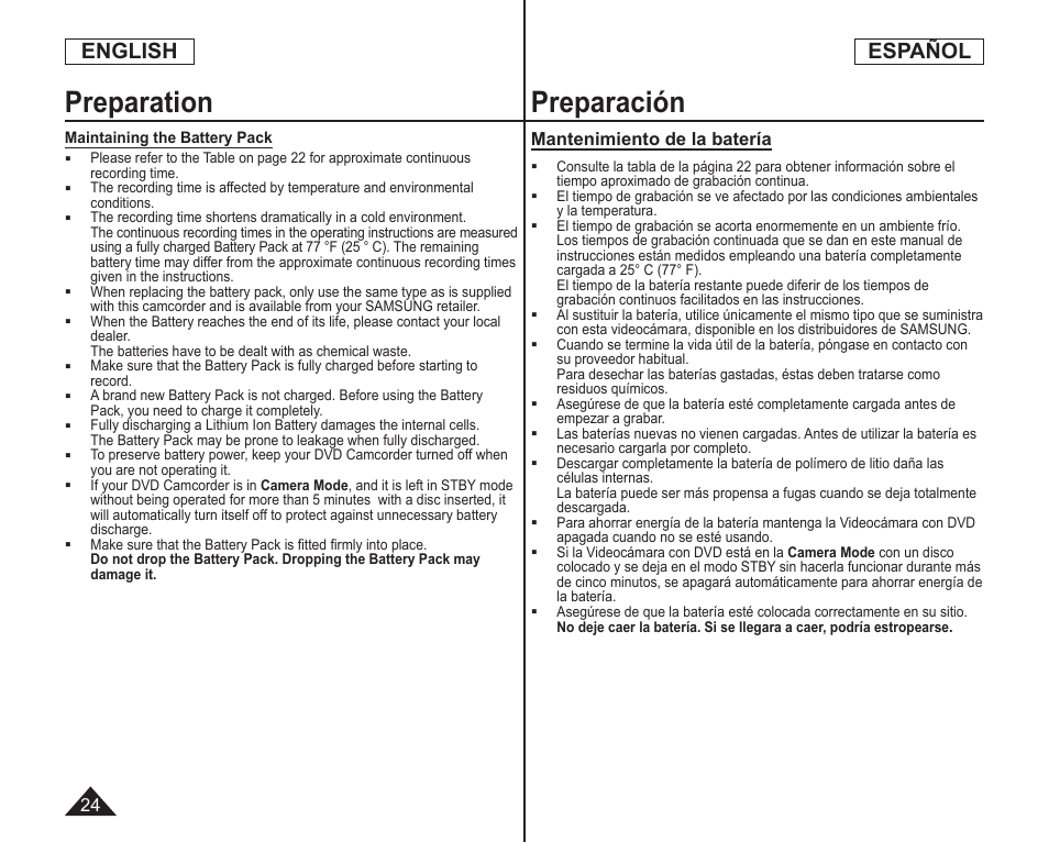 Preparación, Preparation, English español | Samsung SC-DC173U-XAA User Manual | Page 24 / 128