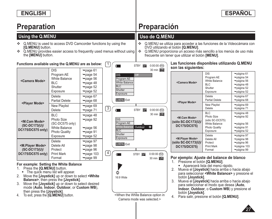 Preparación, Preparation, English español | Uso de q.menu, Using the q.menu | Samsung SC-DC173U-XAA User Manual | Page 27 / 128