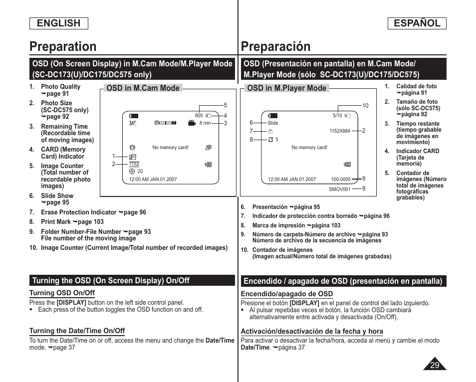 Preparación, Preparation, English español | Samsung SC-DC173U-XAA User Manual | Page 29 / 128