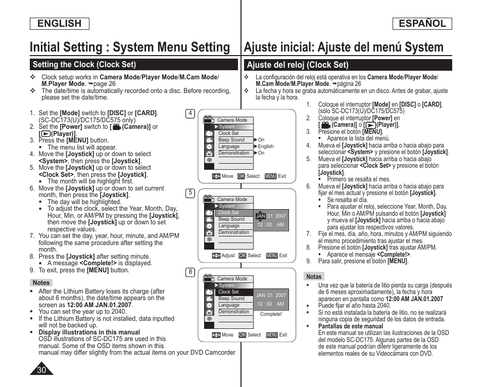 Ajuste inicial: ajuste del menú system, Initial setting : system menu setting, English español | Ajuste del reloj (clock set) | Samsung SC-DC173U-XAA User Manual | Page 30 / 128