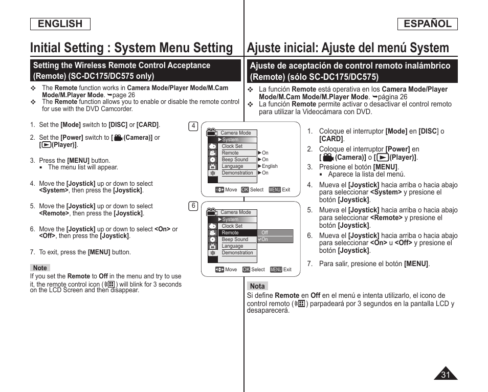 Ajuste inicial: ajuste del menú system, Initial setting : system menu setting, English español | Samsung SC-DC173U-XAA User Manual | Page 31 / 128