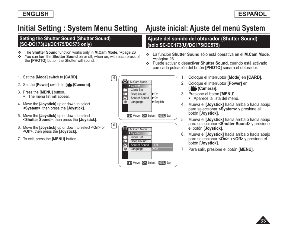 Ajuste inicial: ajuste del menú system, Initial setting : system menu setting, English español | Ajuste del sonido del obturador (shutter sound) | Samsung SC-DC173U-XAA User Manual | Page 33 / 128