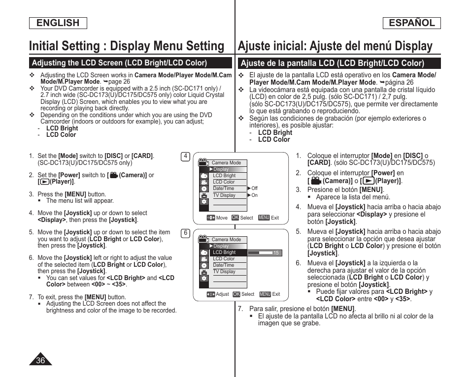 Ajuste inicial: ajuste del menú display, Initial setting : display menu setting, English español | Ajuste de la pantalla lcd (lcd bright/lcd color) | Samsung SC-DC173U-XAA User Manual | Page 36 / 128
