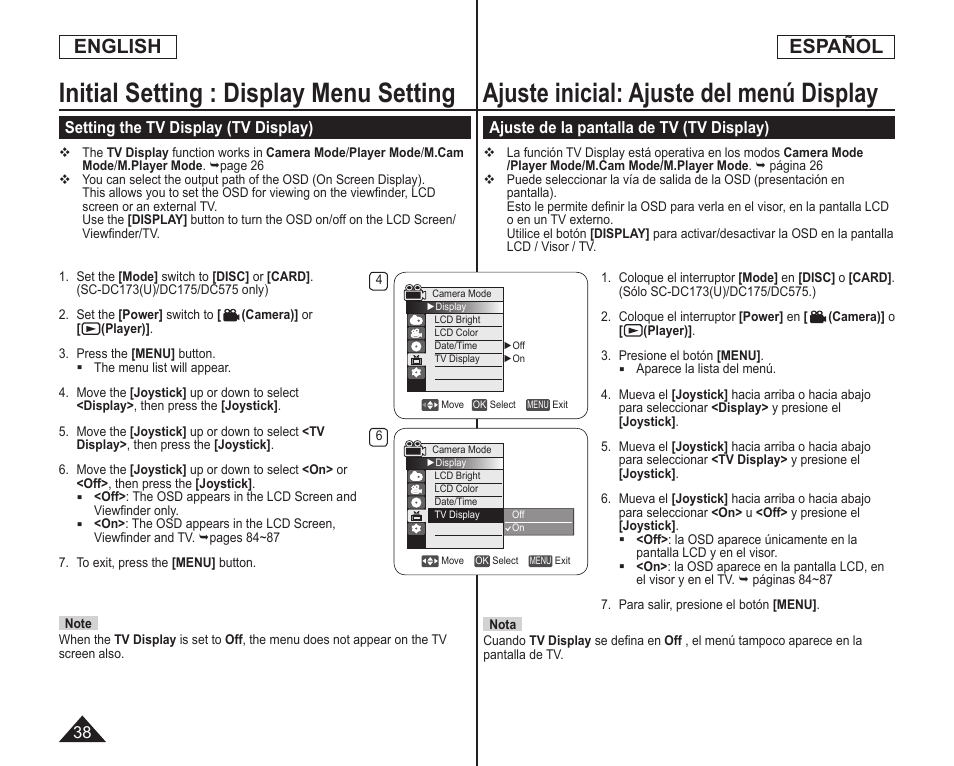 Ajuste inicial: ajuste del menú display, Initial setting : display menu setting, English español | Samsung SC-DC173U-XAA User Manual | Page 38 / 128