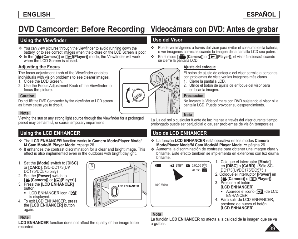 Videocámara con dvd: antes de grabar, Dvd camcorder: before recording, English | Español | Samsung SC-DC173U-XAA User Manual | Page 39 / 128