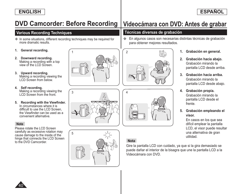 Videocámara con dvd: antes de grabar, Dvd camcorder: before recording, English | Español | Samsung SC-DC173U-XAA User Manual | Page 40 / 128