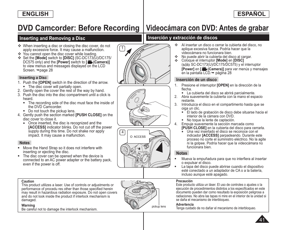 Videocámara con dvd: antes de grabar, Dvd camcorder: before recording, English | Español | Samsung SC-DC173U-XAA User Manual | Page 41 / 128